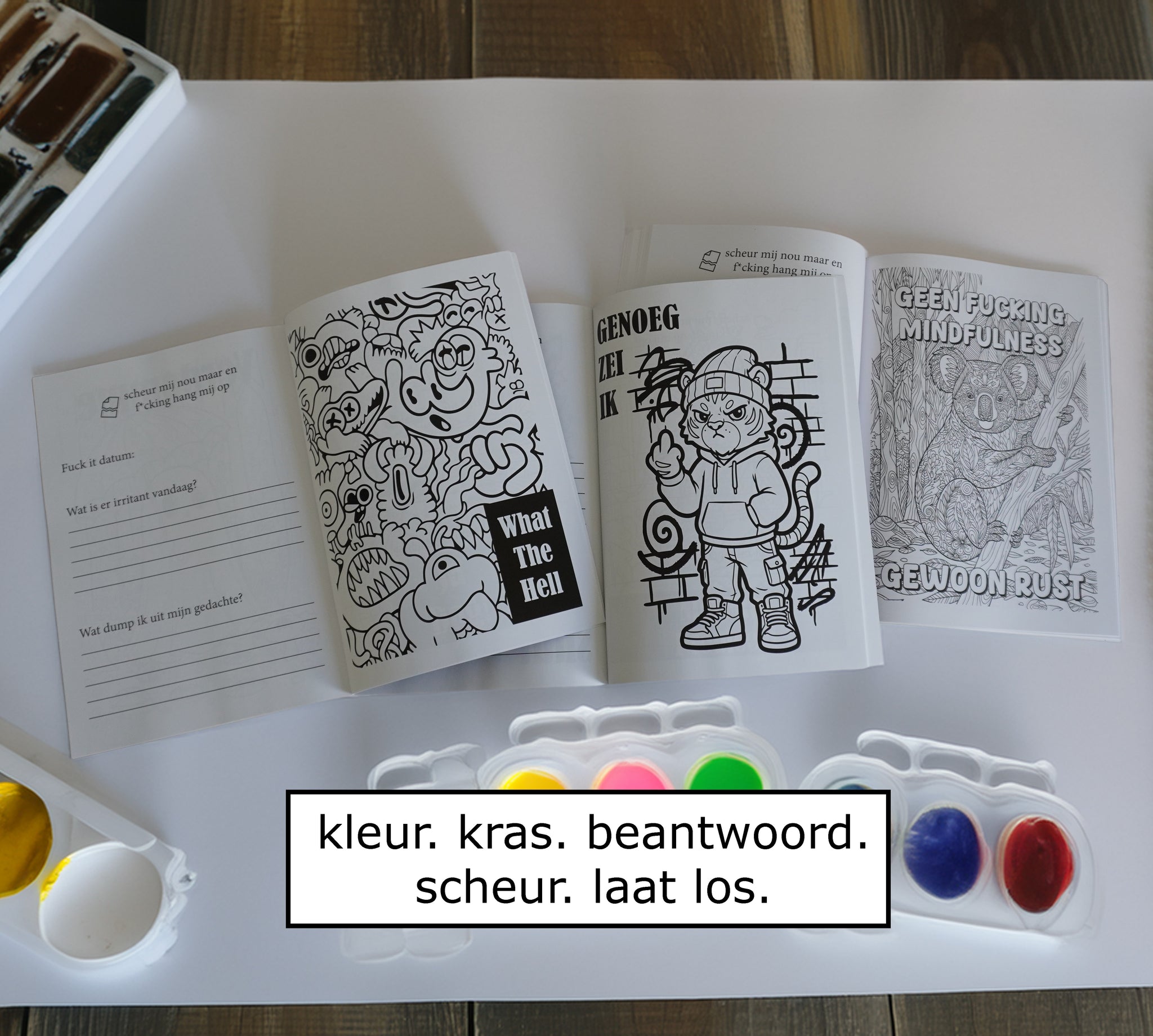 3 Set Pleur Op Ik Kleur ! Diverse brutale anti stress kleurboeken voor volwassenen Als alles even k*t is - 82 rauwe kleurplaten + 164 vragen - f*ck it krasboeken set Premium, Surrealistisch & Urban.